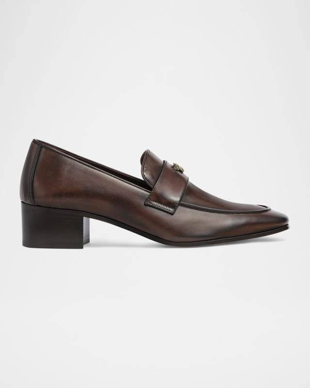 Brushed Leather Medallion Heeled Loafers